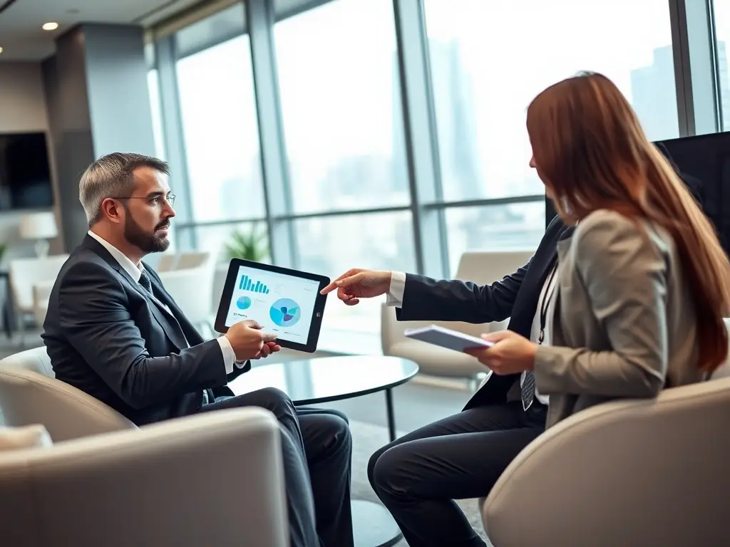 Consultant discussing residency options with a client in a modern office.