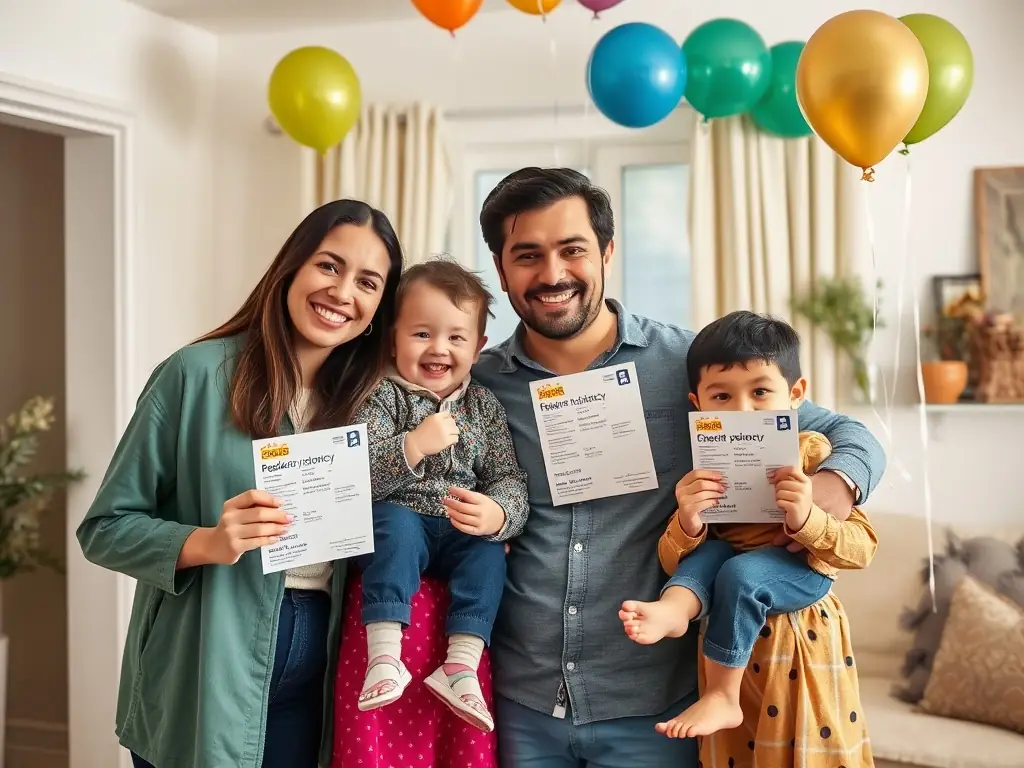 Family celebrating their residency approval in a joyful living room.